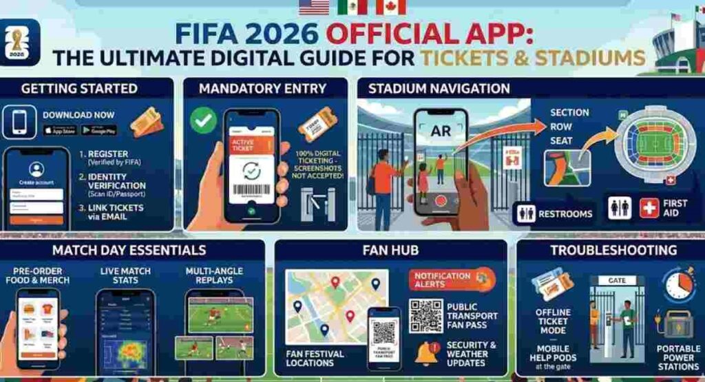 FIFA 2026 Official App Infographic: Step-by-Step Guide for Digital Tickets, Stadium Navigation, and Fan ID.