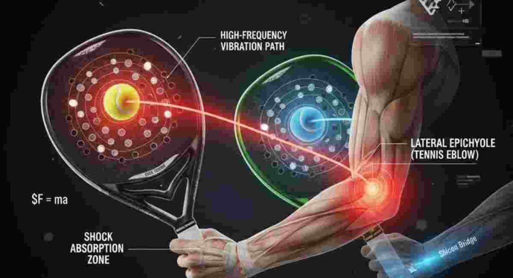 padel racket vibration path tennis elbow biomechanics