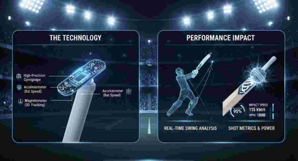 Smart Bat Sensors 2026 showing 3D swing analysis and bat speed metrics for professional cricket