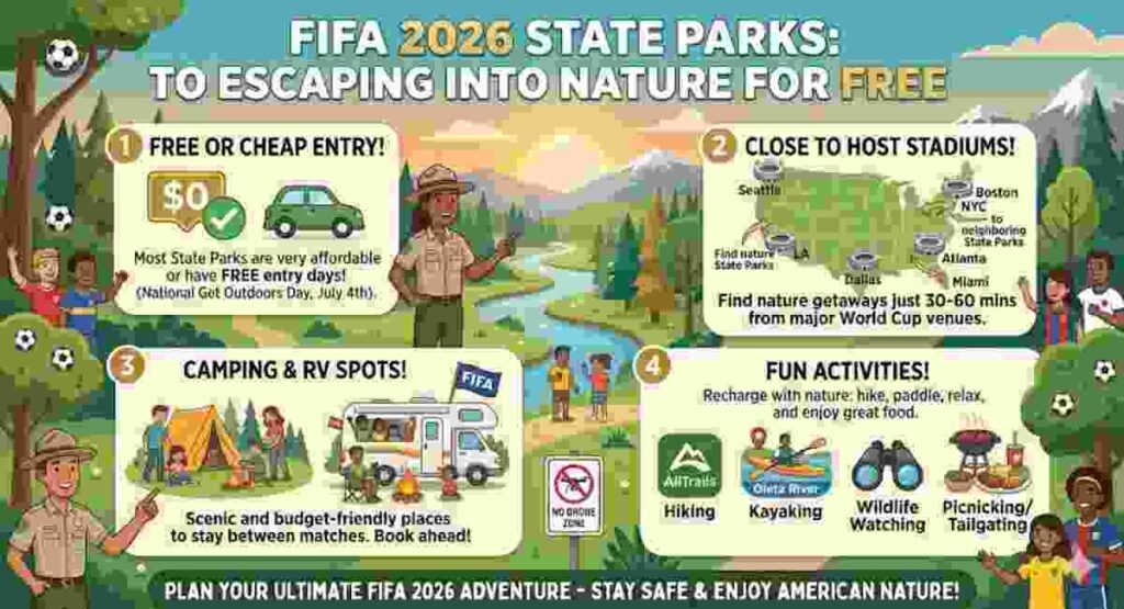 Infographic for FIFA 2026 State Parks showing free nature getaways, camping spots, and host city locations for World Cup fans.
