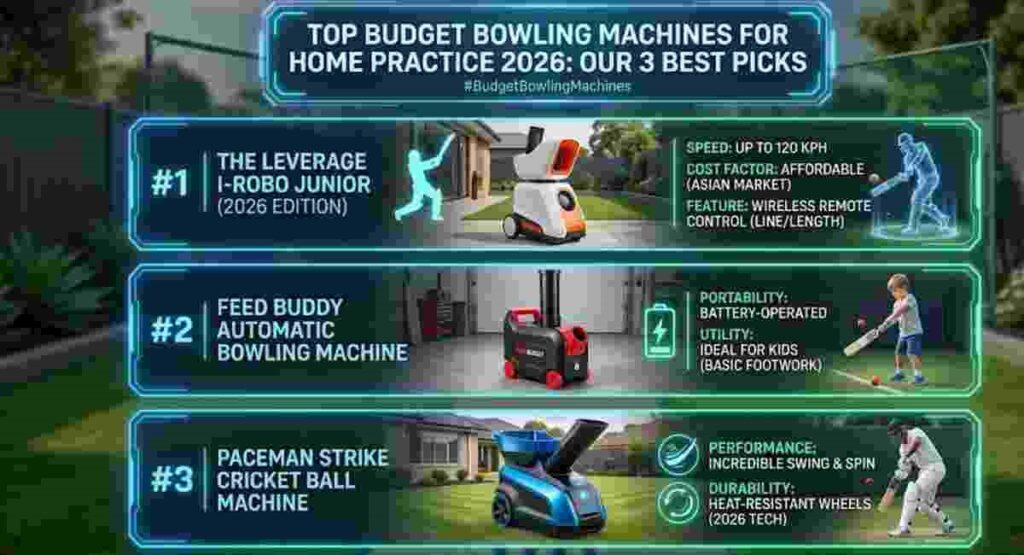 Top budget bowling machines for home practice in 2026: Leverage i-Robo, Feed Buddy, Paceman Strike picks.